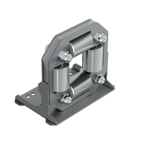 The PowerUP Hose Guide Heavy-Duty Hose Roller Guide features four metal rollers on a rectangular frame with a bolt-mount base—perfect for integration into window cleaning or water fed pole systems.