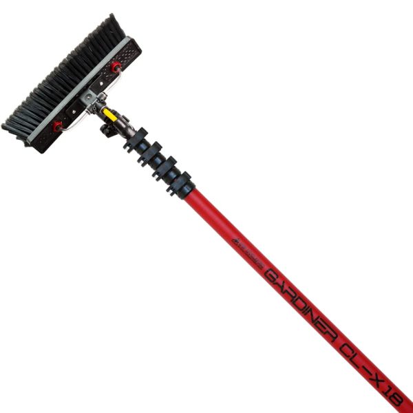 The Gardiner CLX™ Carbon Composite Pole - CLX 18 is a red telescopic pole with a large black brush head for cleaning windows or surfaces using a Water Fed Pole System.
